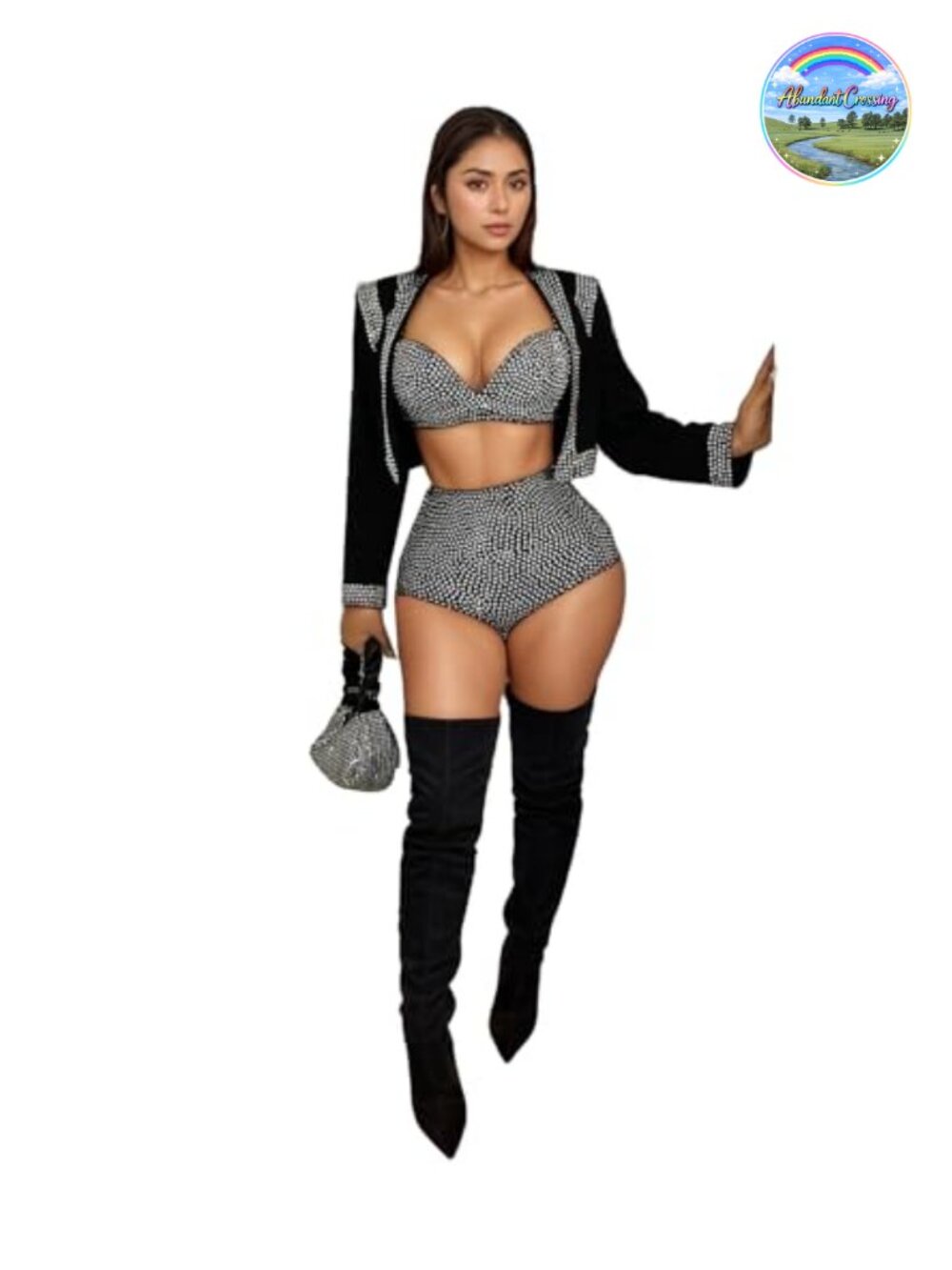 Rhinestone Mesh See Through Jumpsuit Long Sleeve Romper Club Party